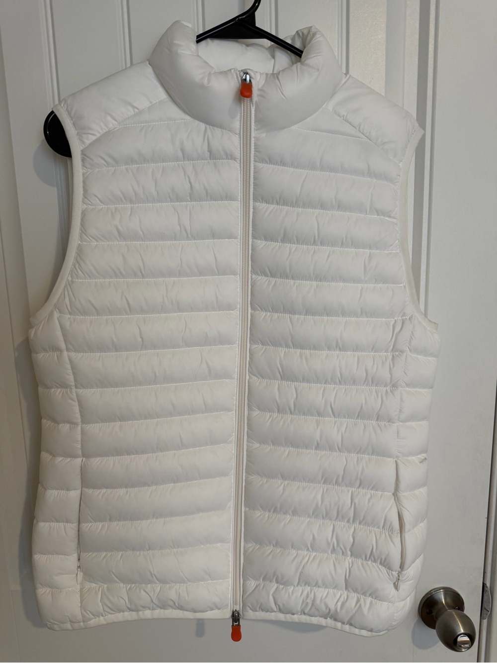 SAVE THE DUCK Noemi White Quilted Puffer Vest with Orange Zip Pulls